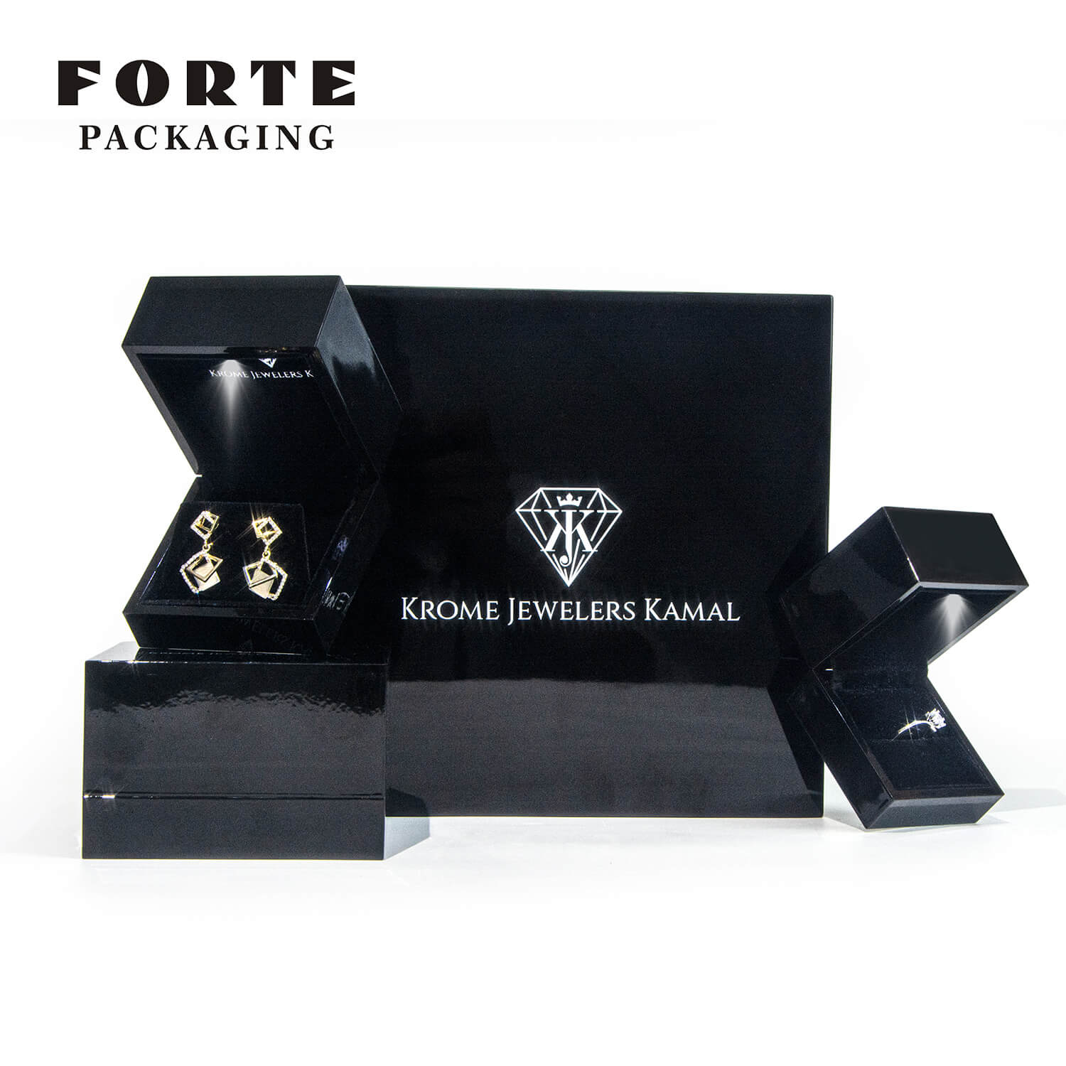 Forte Neuestes Design, schwarz glänzend, Klavierlackmalerei, LED-Schmuckverpackungsbox, Ringaufbewahrungsbox mit individuellem Logo-Aufdruck und LED-Licht