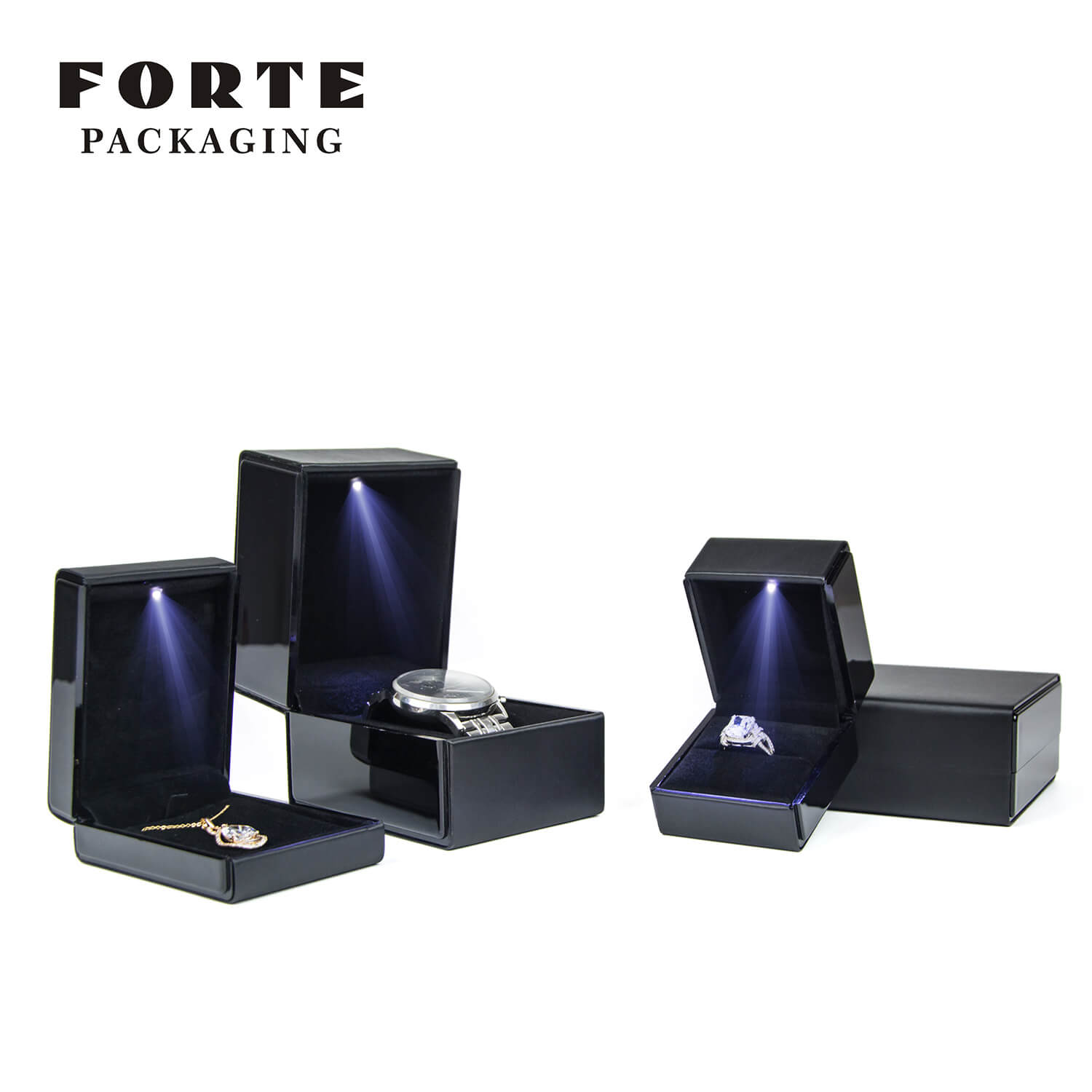 FORTE schwarze Klavierlack-LED-Leuchtbox mit Ring-Anhängeruhr, Schmuckverpackung 
